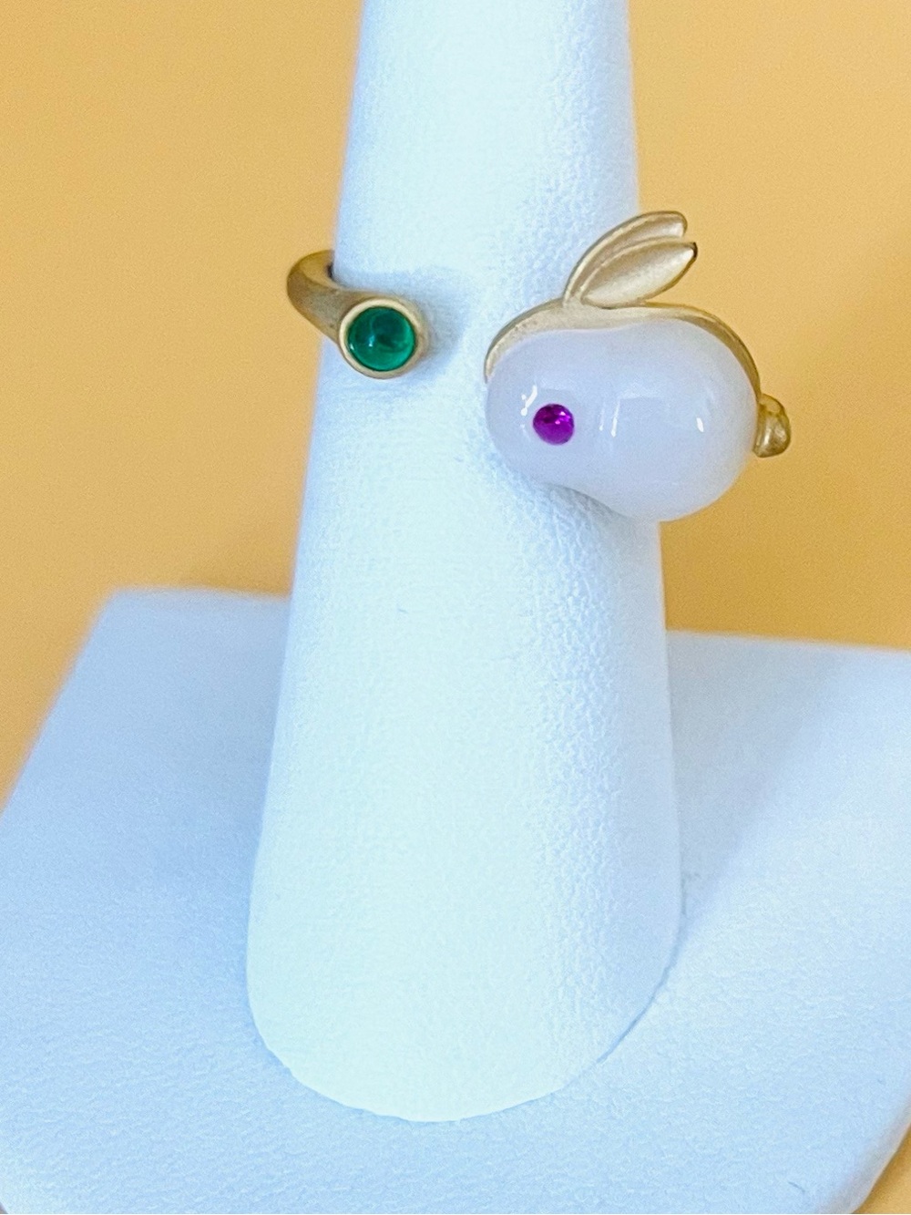 Gold over silver and Green Gemstone Rabbit Ring stamped .925, adjustable size